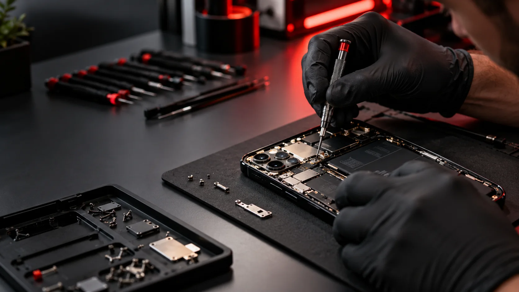 Técnico trabalhando com cuidado na placa de um smartphone aberto